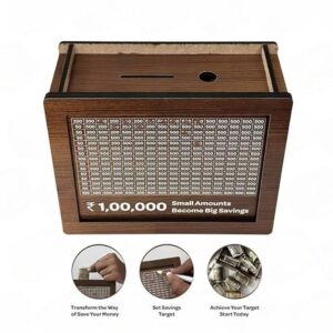 RANGSHALAA Wooden Money Piggy Bank 100000, Money Saving Box, Gullak with Savings Chart, 100000 Rupees Goal Tracker, Cash Collection Bank for Kids and Adults (XL)