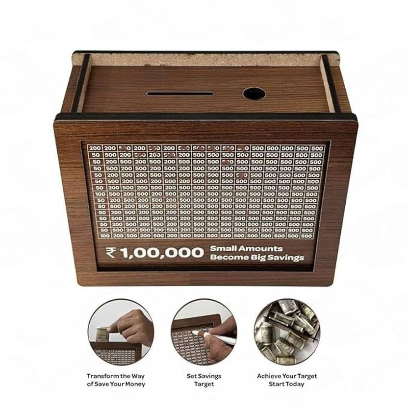 RANGSHALAA Wooden Money Piggy Bank 100000, Money Saving Box, Gullak with Savings Chart, 100000 Rupees Goal Tracker, Cash Collection Bank for Kids and Adults (XL)