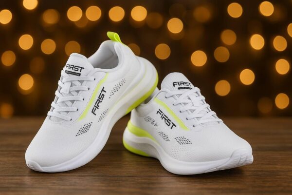Rapidflex Running Shoes, White with Neon Yellow Accents, Breathable Mesh Upper, PVC Sole, Lace-up Closure