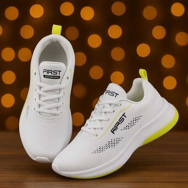 Rapidflex Running Shoes, White with Neon Yellow Accents, Breathable Mesh Upper, PVC Sole, Lace-up Closure