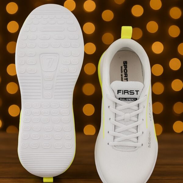 Rapidflex Running Shoes, White with Neon Yellow Accents, Breathable Mesh Upper, PVC Sole, Lace-up Closure