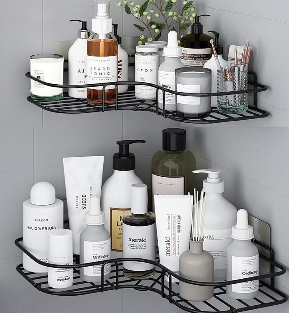 RAYMOX Pack of 2 Self-Adhesive Shelf/Storage Organizer for Bathroom and Kitchen Corner Wall Mounted Rack Shelf Bathroom Accessories Storage Rack No Drilling-Shelf Adhesive