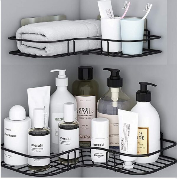 RAYMOX Pack of 2 Self-Adhesive Shelf/Storage Organizer for Bathroom and Kitchen Corner Wall Mounted Rack Shelf Bathroom Accessories Storage Rack No Drilling-Shelf Adhesive