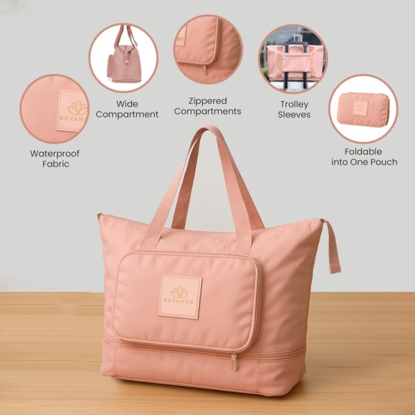 REVANOR Foldable Travel Duffel Bag for Women – Expandable Oxford Fabric Carry-On, Lightweight & Waterproof, Convertible Extra Luggage Bag for Travel, Gym, or Shopping (Pink)