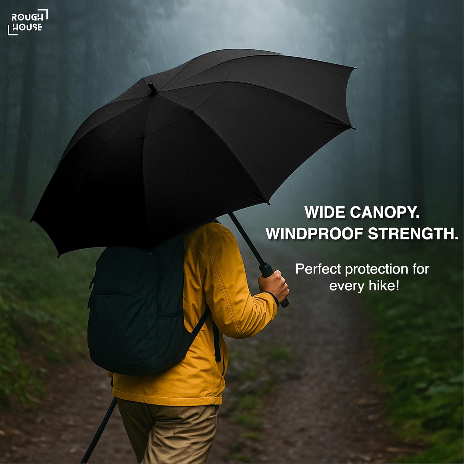 Roughhouse Foldable Jumbo XL Golf Umbrella – Windproof, Tri-Fold Large Umbrella for Men & Women | Stylish & Portable | All-Weather Protection for Rain, Sun, Travel, & Outdoor Use