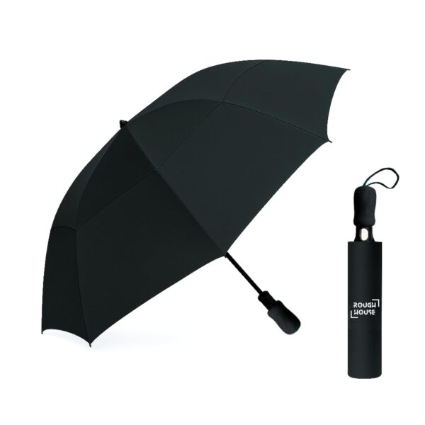 Roughhouse Foldable Jumbo XL Golf Umbrella – Windproof, Tri-Fold Large Umbrella for Men & Women | Stylish & Portable | All-Weather Protection for Rain, Sun, Travel, & Outdoor Use