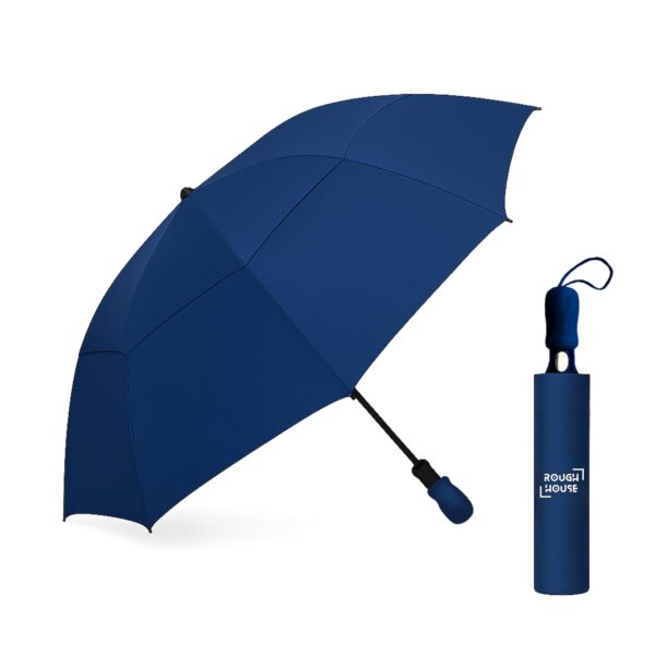 Roughhouse Foldable Jumbo XL Golf Umbrella – Windproof, Tri-Fold Large Umbrella for Men & Women | Stylish & Portable | All-Weather Protection for Rain, Sun, Travel, & Outdoor Use