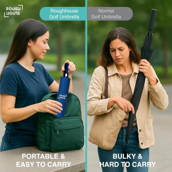 Roughhouse Foldable Jumbo XL Golf Umbrella – Windproof, Tri-Fold Large Umbrella for Men & Women | Stylish & Portable | All-Weather Protection for Rain, Sun, Travel, & Outdoor Use