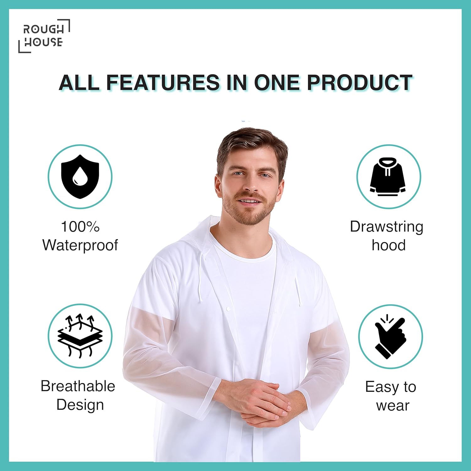 Roughhouse® Translucent Waterproof Multiuse Rain Poncho – Unisex, Lightweight, Hooded & Full-Length | Stylish Rain Protection for Travel, Biking, Festivals & More