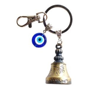 SHILPMART Guardian Golden Bell KeyChain Tibetan Decorative Temple Belll with Evil Eye & Black Hook Metal Keyring Good Luck Negative Energy Protection (Pack-1)