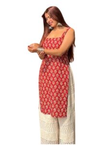 SHIRSHA TEXTILE Women's Sleeveless Ajrak Print Kurti, Pure Cotton Straight Fit Straight Cambric Jaipuri Printed Kurti