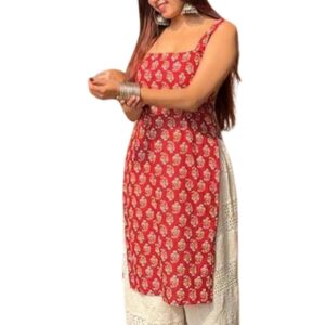 SHIRSHA TEXTILE Women's Sleeveless Ajrak Print Kurti, Pure Cotton Straight Fit Straight Cambric Jaipuri Printed Kurti