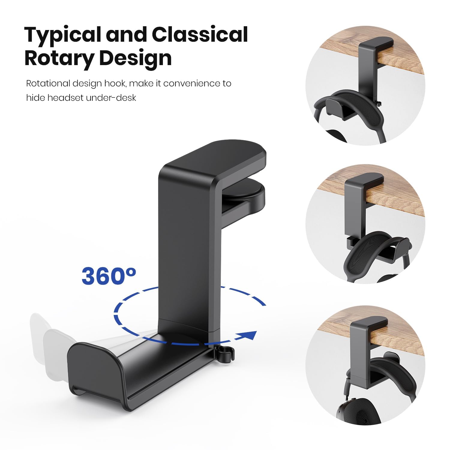 Techzere Headphone Stand Holder 360 Degree Swivel for Table Hanging Hook for Gaming and Regular Headphones Black