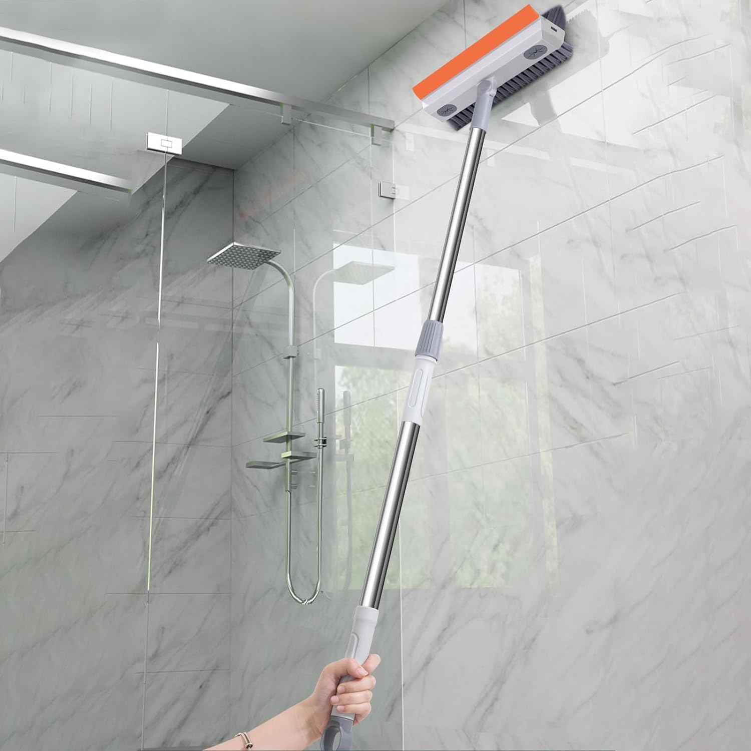 TEKCOOL 3 in 1 Toilet Bathroom Cleaning Brush with Wiper and Long Handle - 180° Rotate Floor Scrub Brush for Tiles, Home Kitchen Bathroom Accessories (Orange).