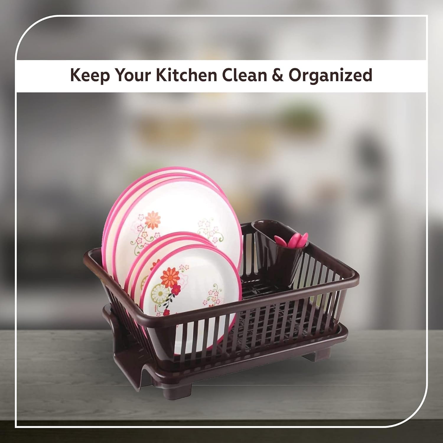 TEKCOOL Plastic Durable Kitchen Drainer Dish Rack Organizer/Drying Tray, Dish Rack with Drying Tray (Green, 45 x 32 x 18 cm, Brown)