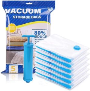 upsimples Vacuum Storage Bags for Clothes with Hand Pump – 5-Pack Space Saver Bags for Travel & Home – Self-Compression Organizer for Blankets, Comforters, Jackets & Sweaters...