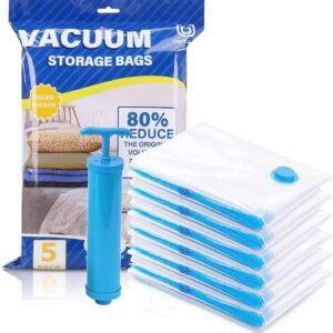 upsimples Vacuum Storage Bags for Clothes with Hand Pump – 5-Pack Space Saver Bags for Travel & Home – Self-Compression Organizer for Blankets, Comforters, Jackets & Sweaters...