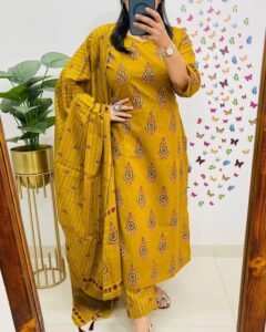 Veqreqmeq Women's Mustard Yellow Embroidered Cotton Palazzo Suit Set with Dupatta, Traditional Ethnic Wear