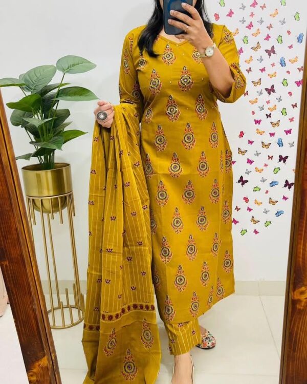 Veqreqmeq Women's Mustard Yellow Embroidered Cotton Palazzo Suit Set with Dupatta, Traditional Ethnic Wear