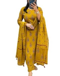 Veqreqmeq Women's Mustard Yellow Embroidered Cotton Palazzo Suit Set with Dupatta, Traditional Ethnic Wear