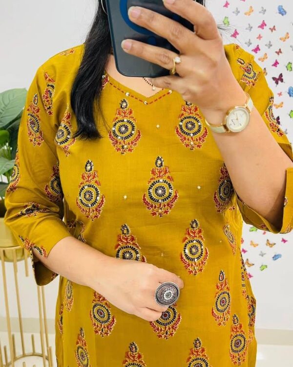 Veqreqmeq Women's Mustard Yellow Embroidered Cotton Palazzo Suit Set with Dupatta, Traditional Ethnic Wear