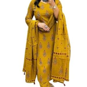 Veqreqmeq Women's Mustard Yellow Embroidered Cotton Palazzo Suit Set with Dupatta, Traditional Ethnic Wear