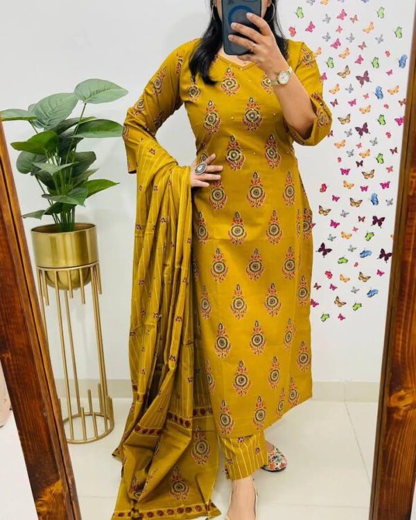 Veqreqmeq Women's Mustard Yellow Embroidered Cotton Palazzo Suit Set with Dupatta, Traditional Ethnic Wear