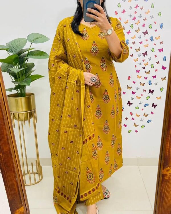 Veqreqmeq Women's Mustard Yellow Embroidered Cotton Palazzo Suit Set with Dupatta, Traditional Ethnic Wear