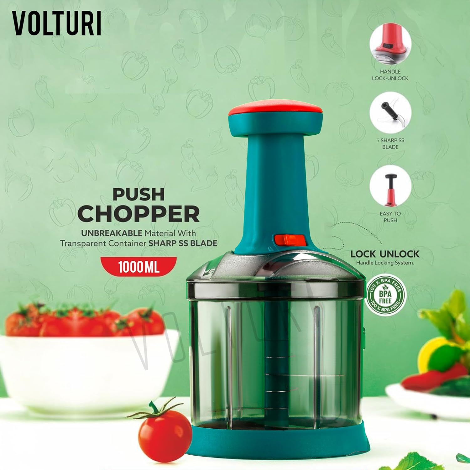 VOLTURI Chopper for Kitchen Use, Push Chopper with 3 Blades, Vegetable Chopper Kitchen Accessories Items for Home Cutting Vegetables, Onion, Ginger, Garlic, Salad, Tomato,...
