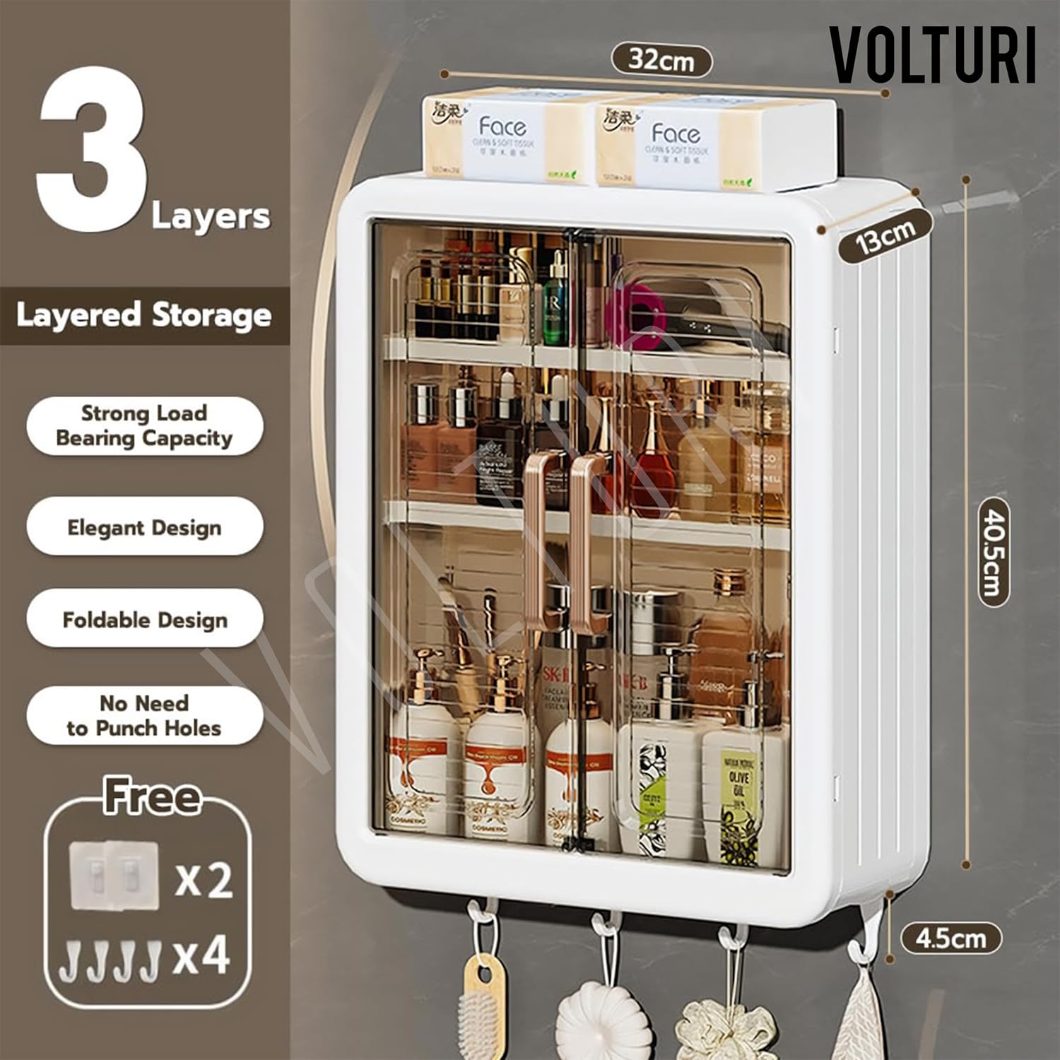 VOLTURI Plastic Self-Adhesive No-Drill Bathroom Shelf & Storage Cabinet with Magic Stickers, Organiser for Bathroom, Essentials, Makeup, Skincare, Wall-Mounted Multi-Purpose...