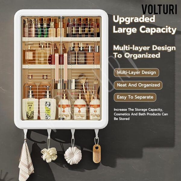 VOLTURI Plastic Self-Adhesive No-Drill Bathroom Shelf & Storage Cabinet with Magic Stickers, Organiser for Bathroom, Essentials, Makeup, Skincare, Wall-Mounted Multi-Purpose...