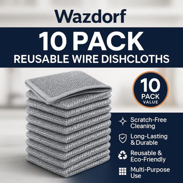 Wazdorf Non-Scratch Dish Wash Cloth, Steel Wire Dish Cloth, Wire Dishwashing Rags Stainless Steel Scrubber Non-Scratch Wire Dishcloth for Washing Dishes Sinks Counters (10 Pcs)