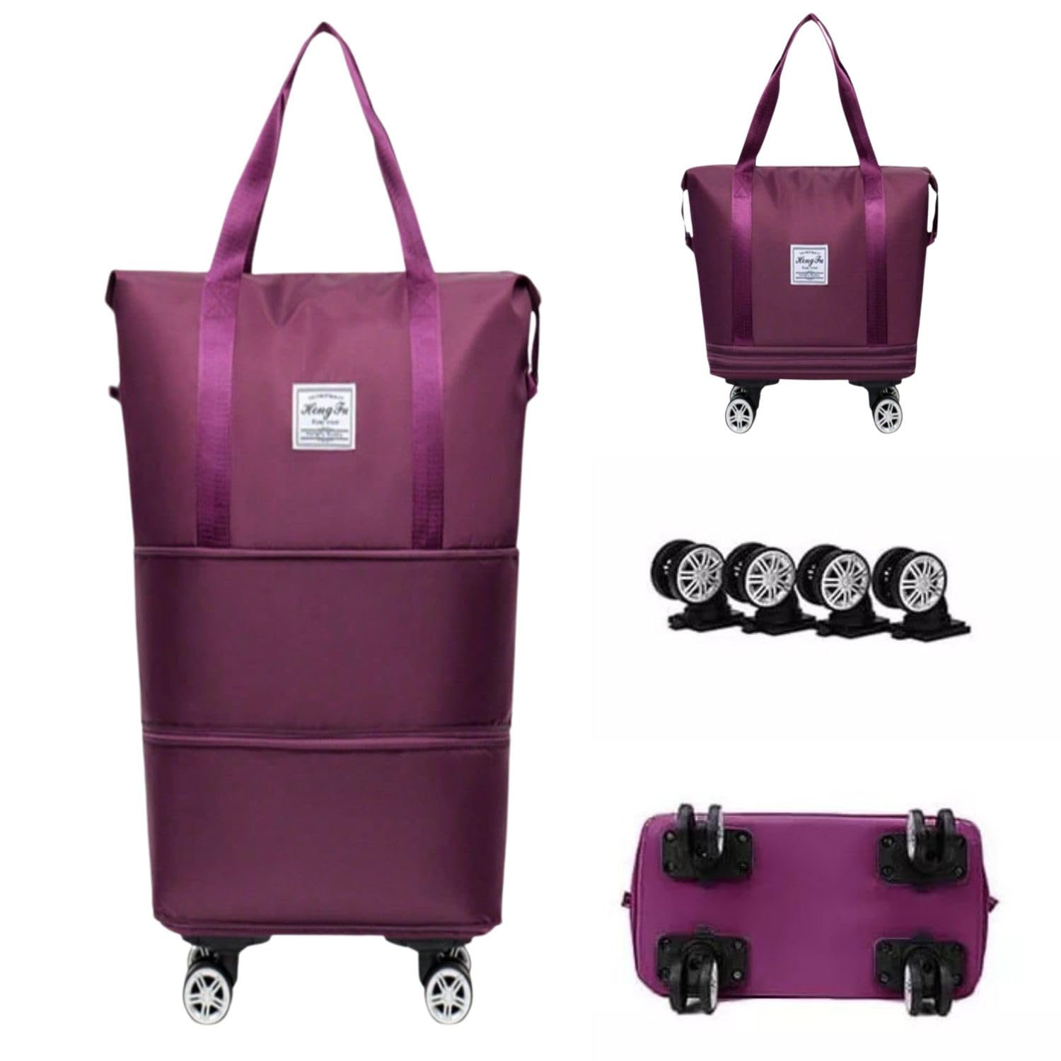 Wazdorf Travel Duffle Bag with Wheels- Foldable, Expandable, Extendable Trolley with 4 Detachable 360° Wheel, Waterproof Luggage for Men & Women, Convertible Carry-On with Strap...