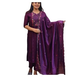 WEALTHY WOMEN Ethnic Embroidery Print V-Neck Kurti with Dupatta for Women – Elegant Vichitra & Crepe Set for Office, Festive