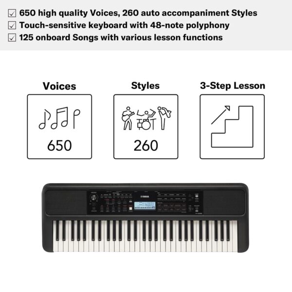 YAMAHA PSR-E383 Portable Keyboard 61 Keys (Adaptor Included), Black