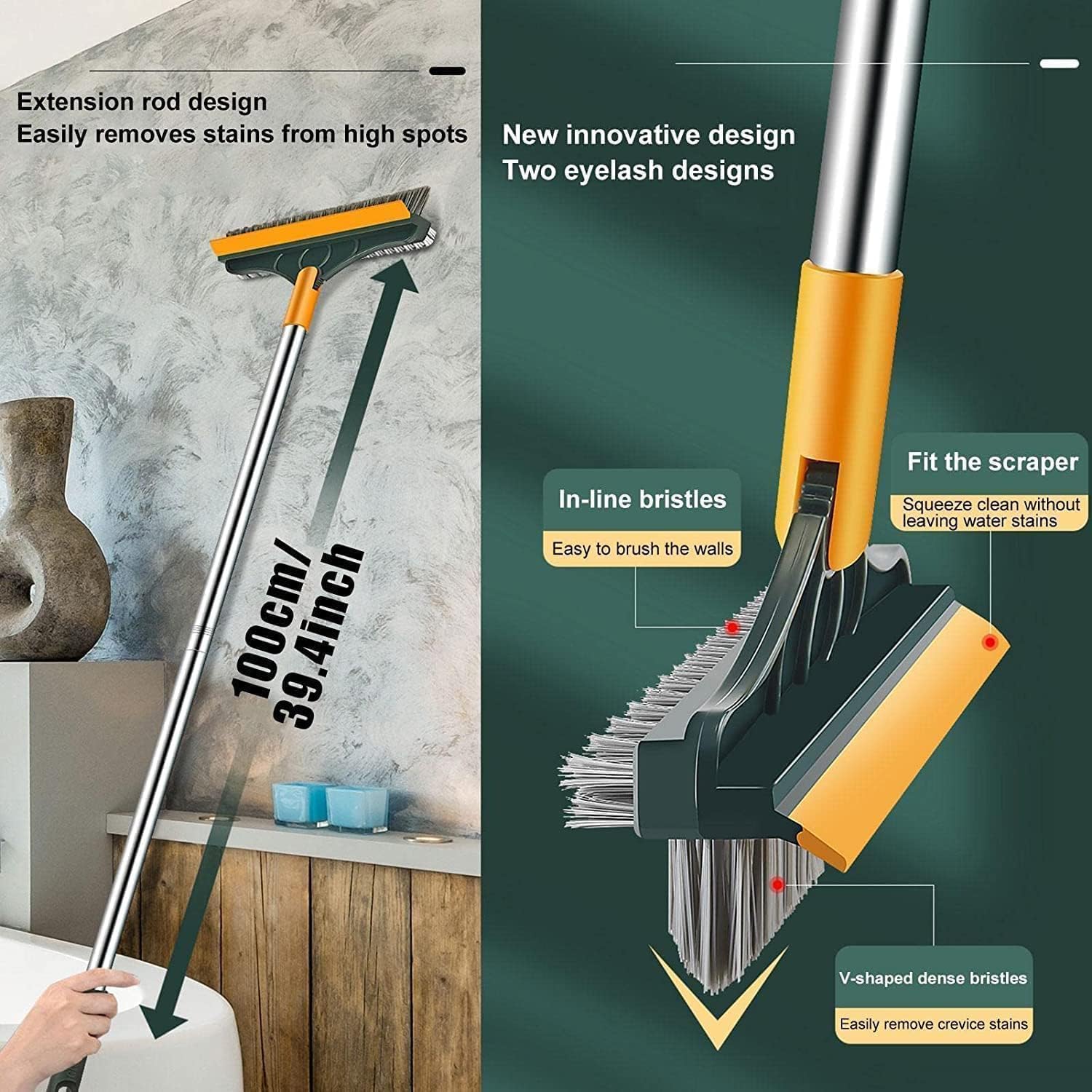 YETI 3-in-1 Bathroom Cleaning Brush with Wiper - Bathroom Cleaning Brush Long Handle 180° Rotate Toilet Brush Bathroom Tiles Cleaning, Wiper Floor Scrub for Kitchen Bathroom...